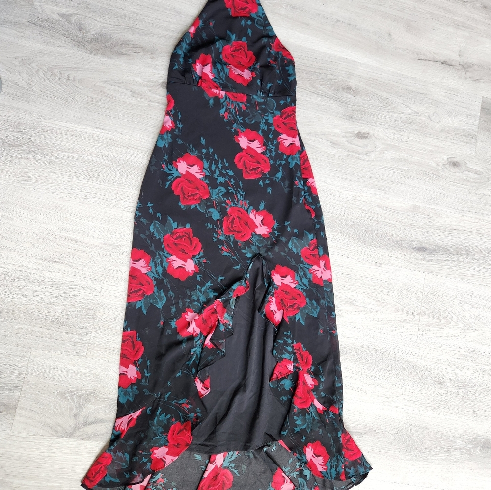 Lulu's Elegant Y2K Vibes Entrance Black Red Floral Print Halter Maxi Dress S - Picture 5 of 12
